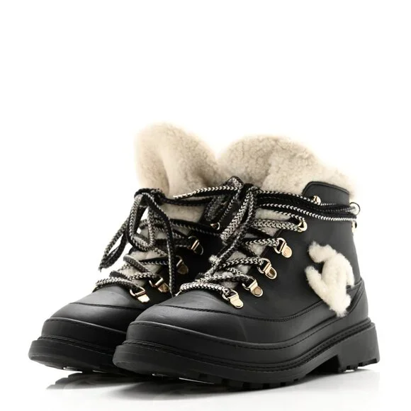 Chanel Calfskin Shearling CC Lace Up Boots 36.5 Black - Picture 3 of 11